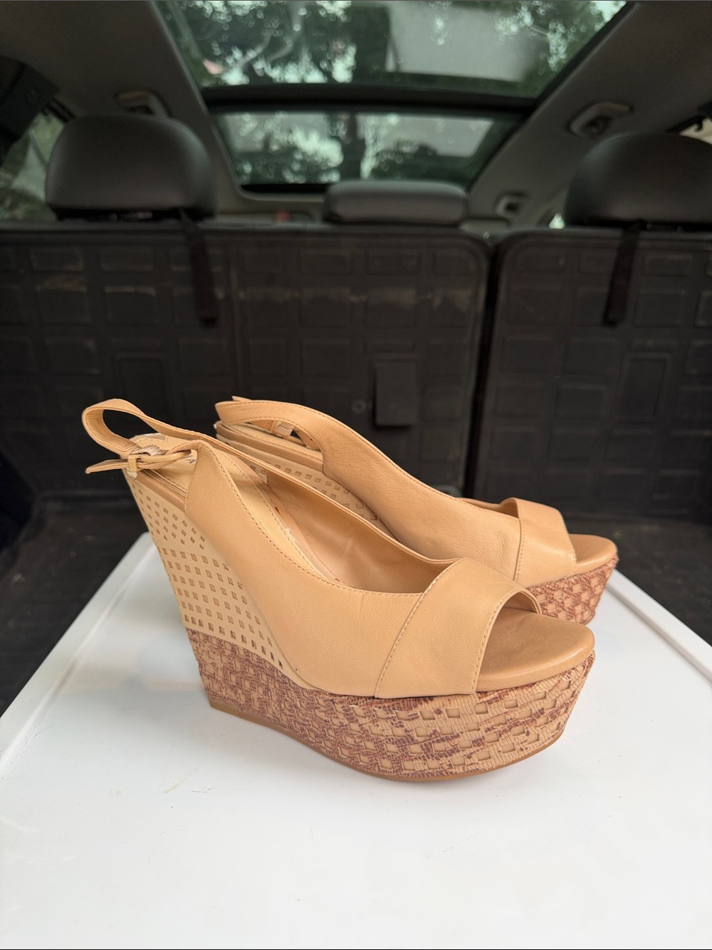 Gianni Bini Beige Tan Wedge Peep-Toe Slingback Heels